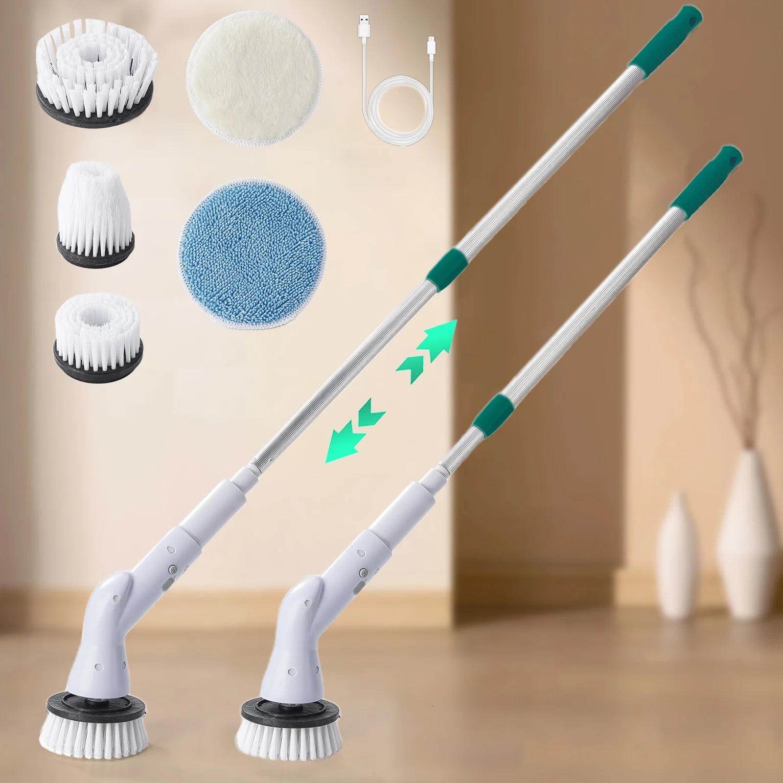 Electric Spin Scrubber, Cordless Electric Spin Scrubber, Cordless Cleaning Brush with 5 Replaceable Brush Heads and Adjustable & Detachable Long Handle for Bathroom Shower Bathtub Glass Car