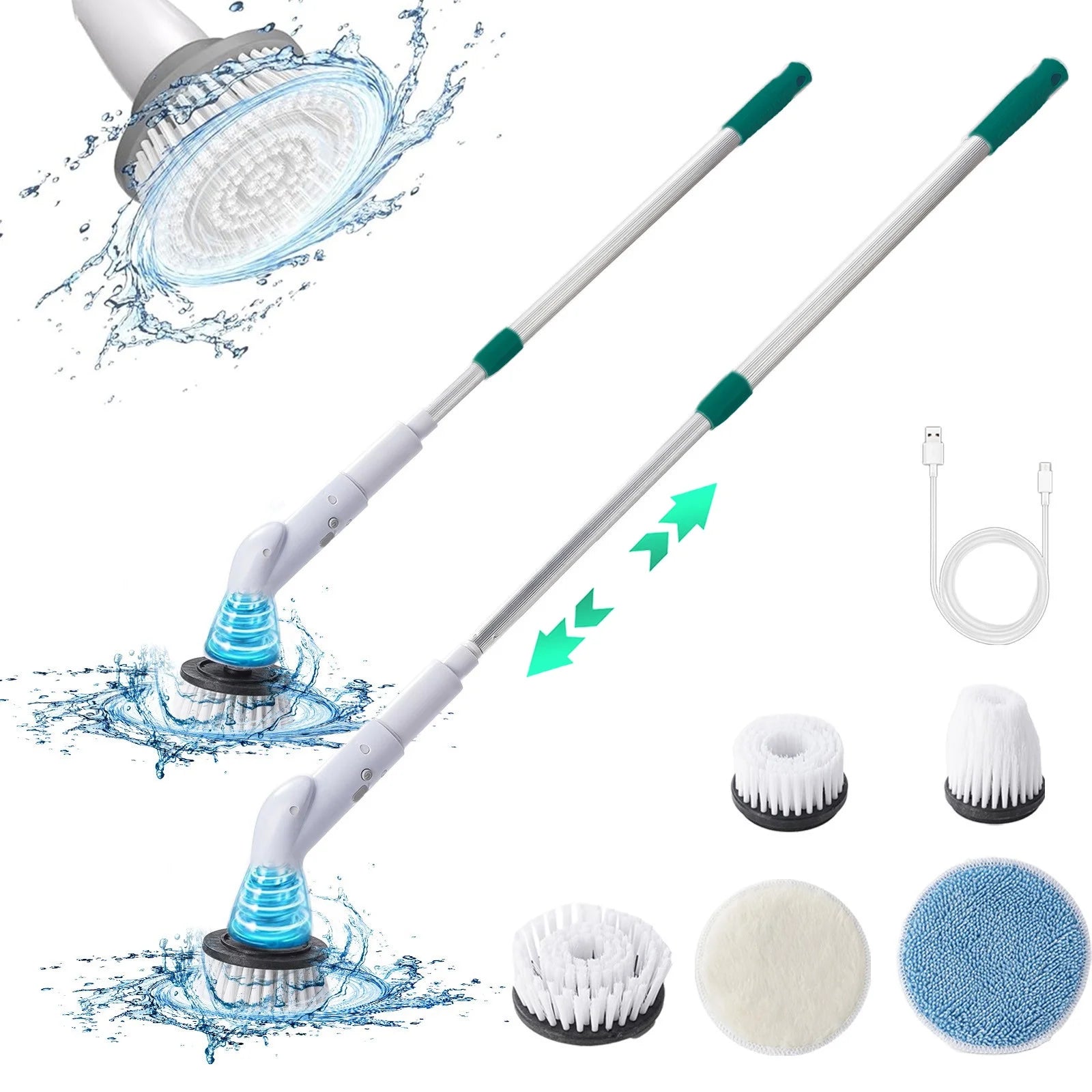 Electric Spin Scrubber, Cordless Electric Spin Scrubber, Cordless Cleaning Brush with 5 Replaceable Brush Heads and Adjustable & Detachable Long Handle for Bathroom Shower Bathtub Glass Car