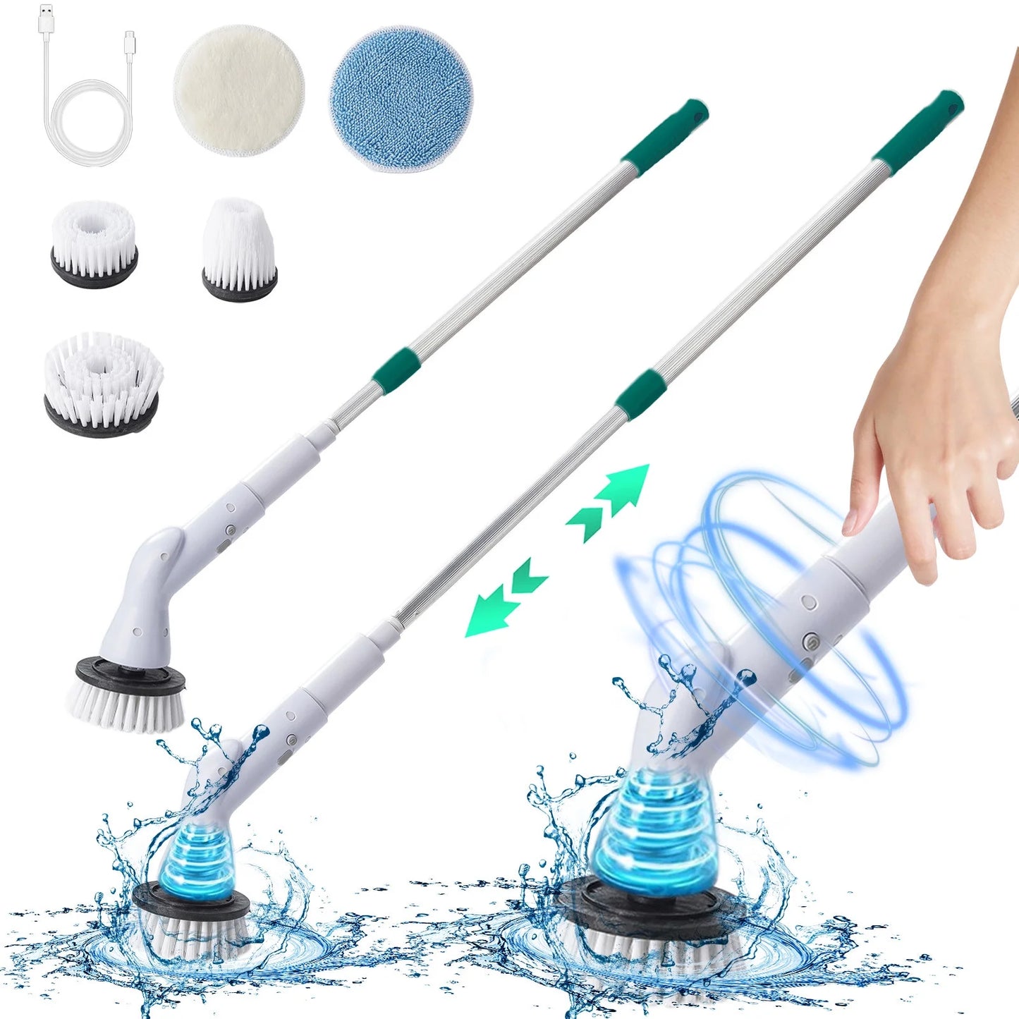 Electric Spin Scrubber, Cordless Electric Spin Scrubber, Cordless Cleaning Brush with 5 Replaceable Brush Heads and Adjustable & Detachable Long Handle for Bathroom Shower Bathtub Glass Car